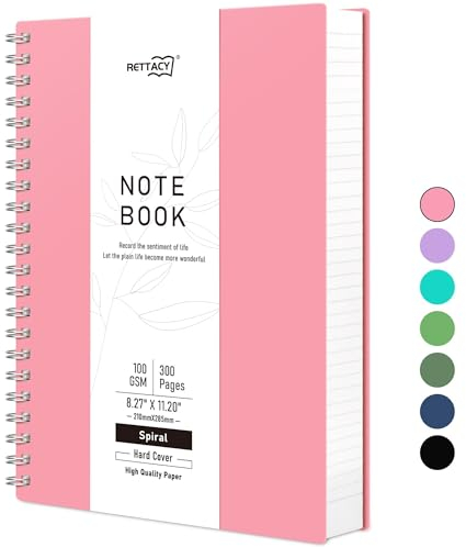 RETTACY Notizbuch A4 Gepunktetes, Bullet Dot Journal, Spiral-Notizbücher 300 Blatt/150 Seiten zum Schreiben, 100gsm, PVC Hardcover, für Frauen Männer Arbeit Büro Schule, 21.5 x 27.9cm - Rosa