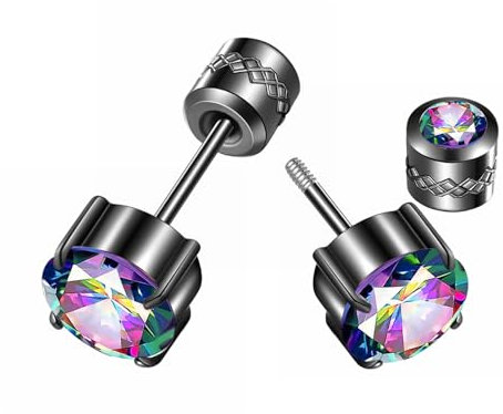 ZOCOYUU 4 Pairs Titanium Screw Back Surgical Stainless Steel Stud Earrings for Women Men,Rainbow 5A Cubic Zirconia Studs Double Side Earrings Piercing Sleeper Studs Jewelry 6mm (Black-Rainbow-6mm)