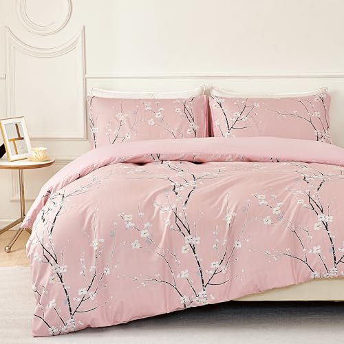 Jemiipee Set Housse de Couette à Motif Fleurs et Branches 220x240 cm 1 Personne et 2 x Taies d'oreiller 65x65 cm Parure de Lit Floral Microfibre Moderne avec Fermeture Eclair, Rose Clair