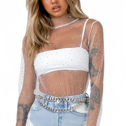 SamHeng Femmes Sexy Sheer Mesh See Through Tops Chemise à manches longues Col montant Sparkle Basic Tee Blouse Tops Party Clubwear (Blanc/L)