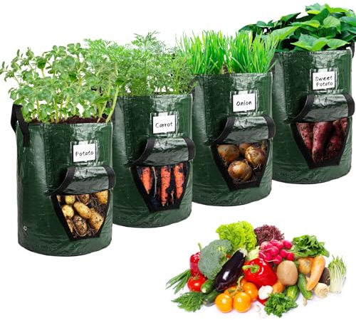 Qoosea 10 Gallonen PE Kartoffel Pflanzsack, 4er Set 40L Atmungsaktive Pflanzen Tasche für Balkon Terrasse & Garten, Pflanztaschen mit Griffe Biologisch Abbaubar für Tomaten,Kartoffeln, Erdbeeren-Grün