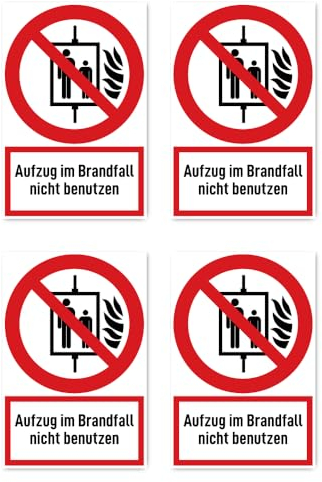 Aufkleber: 150x100 mm, 4 Stück - Aufzug im Brandfall nicht benutzen - Verbotszeichen mit Text (deutsch) (rot/weiß) - hochkant - P020 - DIN EN ISO 7010 / ASR A1.3