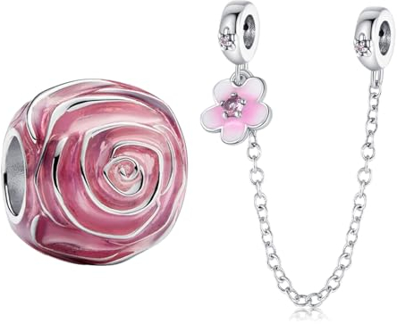 NUNUYAYA Damen Charm Anhänger für Armband 925 Sterling Silber Pink Rose Cherry Safty Chain Beads passend für Armband Halskette,Anhänger für Europäischen Armbänder für Frauen Mädchen 2-Stück/Paket