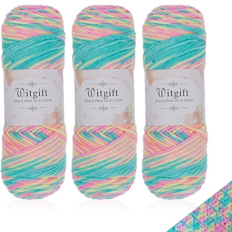 Witgift Handstrickgarn 3x100g, 210 m Häkelgarn Baumwolle,Baumwolle Zum Häkeln Weicher Wolle Zum Stricken, Wolle Farbverlauf Mehrfarbiges Garn Zum Stricken Häkeln Und Basteln Wolle Set Regenbogen-Stil