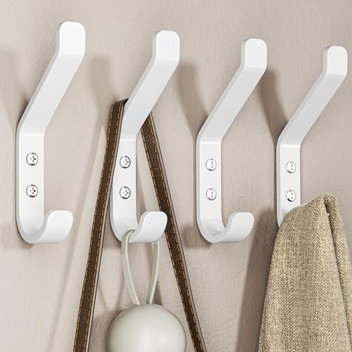 susswiff Aluminum Coat Hooks for Hanging - 10KG (Max) Wall Hook with Screw, Heavy Duty Holder for Coat, Towel, Backpack, Sturdy Metal Hanger for Bathroom, Bedroom, Door, Wall Mounted, White, 4 Pack