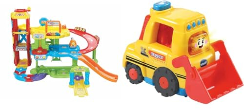 VTech Baby Flitzer - Parkgarage & TUT TUT Baby Flitzer - Bagger – Spielzeugauto mit Musik, aufleuchtender Taste, spannenden Sätzen und Geräuschen – Für Kinder von 1-5 Jahren, Bunt