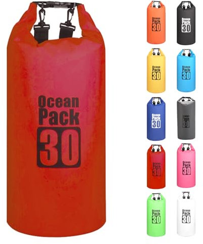 MORAINJAY 30L Wasserdichter Beutel, Rot Dry Bag 2L/5L/10L/15L/20L/25L/30L mit Verstellbarem Gurt, Schützt Telefon/Karte, Roll Top Wasserdichter Beutel Rucksack für Schwimmen/Rafting/Bootfahren