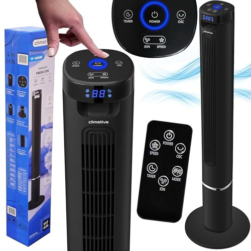Climative Turmventilator mit Ionisierung Timer 12h Tower Fan 117 cm leiser Ventilator mit Fernbedienung für Wohnzimmer 40m2 Luftkühler Standventilator groß XXL FRESH ION Schwarz