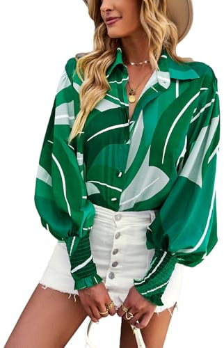 HUXRAKV Casual Imprimée Chemisier Femme Manche Longue Chic et Élégante Chemisier Boutonnée Fluide Hauts à Revers Manches lanternes Tops Automne Hiver,WD15-Vert,S