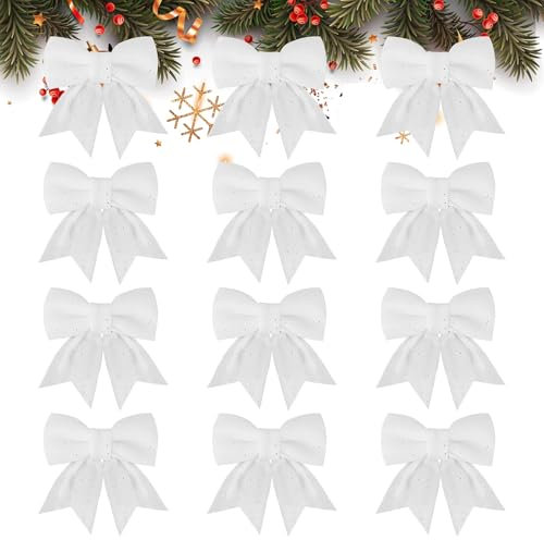 GXFCING 12 Pezzi Fiocchi per Albero di Natale Bianco, Fiocchi Natalizi Glitterati 15 x 12cm, Fiocchi Decorative Natalizi, Adatti per Alberi di Natale, Ghirlande Natalizie, Decorazioni per la Casa