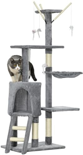 PawHut Árbol para Gatos Rascador Grande 50x35x134,2 cm con Nidos Plataformas Casetas Ratón de Juego Hamaca Postes de Sisal Cubierto de Felpa Gris