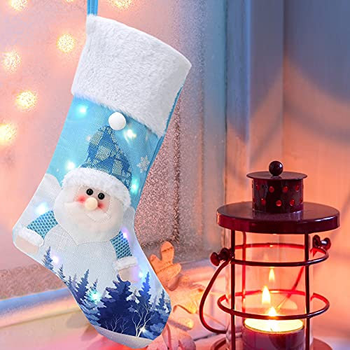 Blaue Bestickte Weihnachtsstrümpfe aus Samt, 3D-Weihnachtsstrümpfe, Weihnachtsmann, Schneemann, Leckerli, Geschenktüte, Strumpf mit 2 Knopfbatterien für die Familie, Weihnachten,