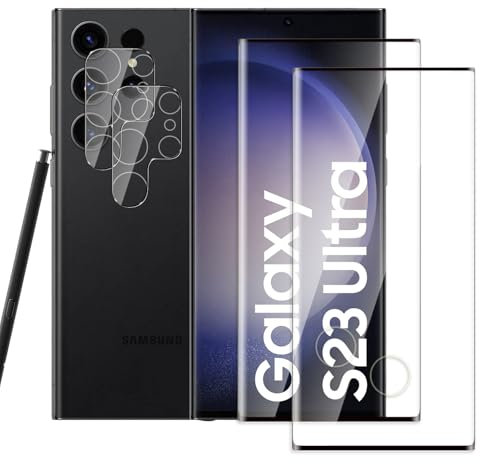 QZJinch Lot de 4, 2 x Verre Trempé pour Samsung Galaxy S23 Ultra et 2 x Protection Caméra Arrière,3D Incurvé Couverture Complète,HD Transparent,Dureté 9H,Compatible avec Samsung Galaxy S23 Ultra