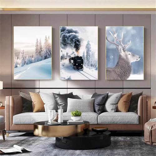 3er Moderne Winter Natur Schnee Szene Poster Set, Leinwand Gemälde Kern Poster Dekorative Wandmalerei, Elch, Zug, Wald Ohne Rahmen Aesthetic Bilder Set Wandbilder Schlafzimmer Wohnzimmer (30x40 cm)
