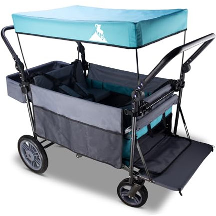 TOPWELL Folding Handcart Trolley, Folding Camping Wagon with Canopy & 2 Seats, Collapsible Beach Cart Foldable for Outdoor Garden Picnic Shopping 265LBS Capacity (Turquoise/Grey)