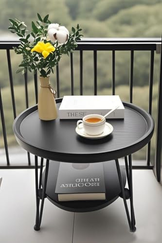 ZOYIZEN Couchtisch Rund mit 2 Etagen, Beistelltisch Holz, Wohnzimmertisch, Schwarzer, Größe des großen Beistelltisches ist 50 x 45 cm (Ø x H), Kleine Tischplatte 36 cm Ø, Wohnzimmertisch