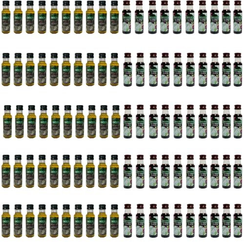 Deliex- Botellitas de aceite de oliva y vinagre mini. 100 Botellas miniaturas en pet de 25 ml, 50 de aceite de oliva virgen extra y 50 de vinagre viejo.