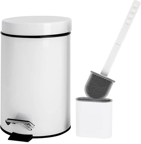 3L Bathroom Bin and Toilet Brush Set - Stainless Steel Pedal Toilet Bin with Handle, and Silicone Toilet Brushes with Holder - Easy to Clean and Modern Design White Bathroom Accessories