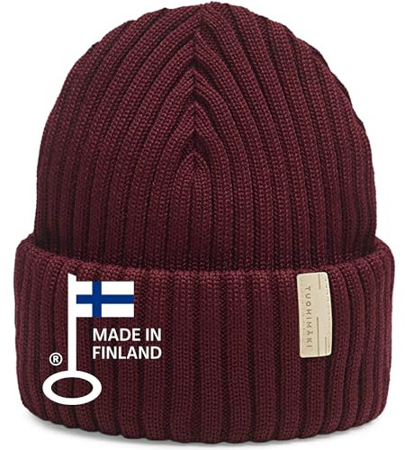 Merino Beanie Damen - 100% Extra feine Merinowolle, Mulesingfrei - Made in Finnland - Bordeauxrot, One Size - Perfekt für kalte Tage, Wintermütze weich & atmungsaktiv - Weinrot Strickmütze Damen