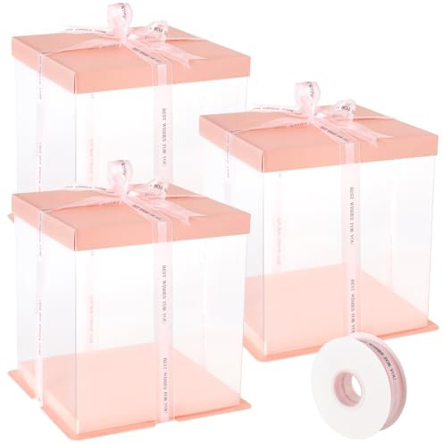 KEILEOHO 3 Stück Durchsichtig Geschenkbox mit Deckel, 21,5 x 21,5 x 24 cm Tortenschachtel Transparent, Rosa Kuchen Transportbox Durchsichtig Tortenbox für Geburtstag, Hochzeit, Party
