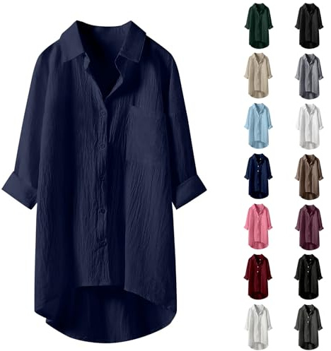Angxiwan Button Down Shirts for Women UK Lightweight Linen Cotton Blouse with Pocket Casual Loose Fit Long Sleeve Tunic Tops Oversized Solid Color Tee Shirt Jacket for Daily Vacation Office.