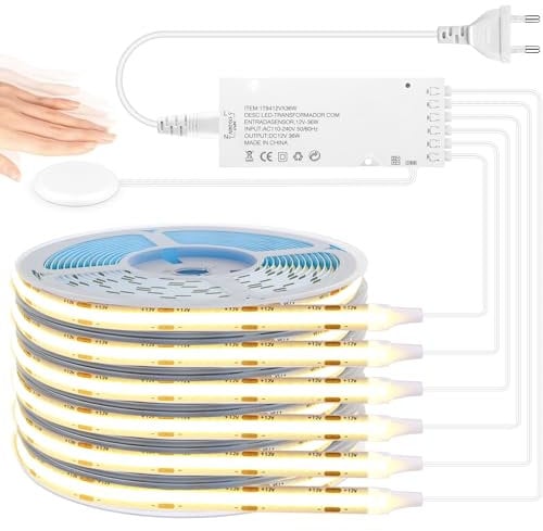 LRGBST 12V COB LED Streifen，6 Rollen 1M Warmweiß LED Streifen Mit Touch und Hand Sweep Dimmschalter für Schrank, Küchen, Vitrinen, Regal, Shelves，Akustikpaneele Beleuchtung