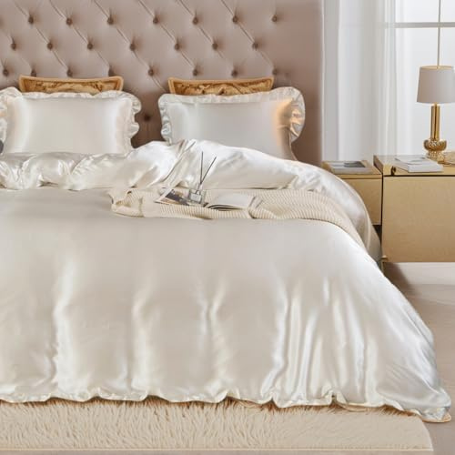 Nayoroom Satin Bettwäsche 140x200 Weiß Seidentuch Bettwäsche mit Rüschen Set 2 Teilig Luxus Mako Satin Bettbezug Glänzend Aesthetic Seidenbettwäsche mit Reißverschluss und Seidenkissenbezug 70x90 cm