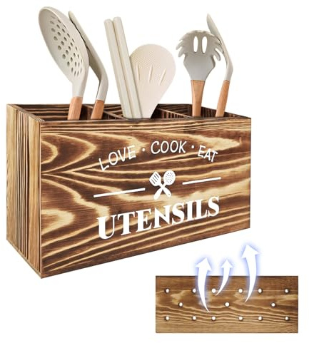 Cable Leader Porte Ustensiles Cuisine, Rangement Ustensiles Cuisine en Bois | Ustensiles de Rangement Bois pour Comptoir, 3 Compartiments, avec Trous d'aération, Brun Naturel (30*12,5*17,5 cm)