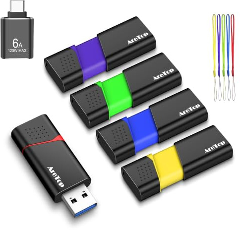 AreTop USB Stick 3.0 32GB 5 Stück, mit 1x USB-C Adapter,5 Farben | USB 3.0 bis 100MB/s, kompatibel mit PC/Laptop/Auto/Spielekonsole