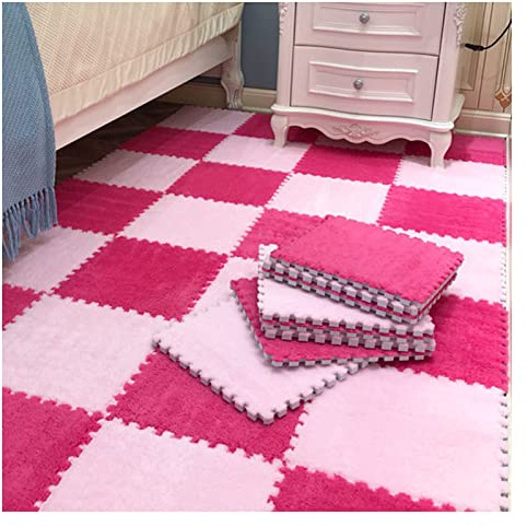 LRFNKCT Teppichfliesen, Ineinander greifende Teppichfliesen, Schaumstoffmatten, weiche, Flauschige Plüschteppiche, Bodenfliesen, Puzzle-Spielmatte for Wohnzimmer und Schlafzimmer(Pink+Rose)