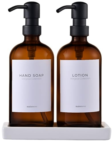 MaisoNovo Hand and Dish Soap Dispenser Kitchen Set - 500 ml Amber Glass Soap Dispenser Bottle with Pump Black x 2, White Ceramic Tray and Waterproof Labels