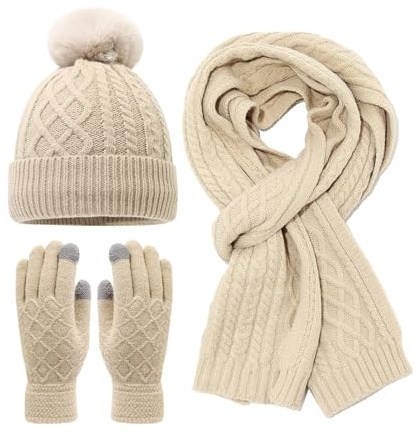 Mütze Schal Handschuhe Set Damen Gefütterte Handschuhe Herren Winter Wintermütze BeanieWinter Bommel Strickmützen Set Weichem Winterschal Gestrickt Outfits Warme Handschuh