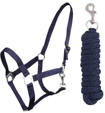 JA Horse JA4001 Essential Halfter Set Karabinerhaken, Navy, Shetty | Verstellbares Pferdehalfter mit Führstrick & Karabinerhaken, Essential Anbindestrick für Pferd & Holzpferd