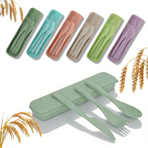 DIYJEP Lot de 6 couverts de voyage avec étui, couverts de camping portables, réutilisables en plastique, cuillère, fourchette, couteau, couverts pour enfants, adultes, pique-nique, école, bureau