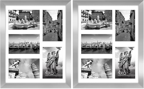 Americanflat 6x4 Collage Photo Frame with Shatter-Resistant Glass - Signature Collection - Fits Five 4x6 Photos or Use as One 11x14 Picture Frame for Wall Display - Silver (Pack of 2)