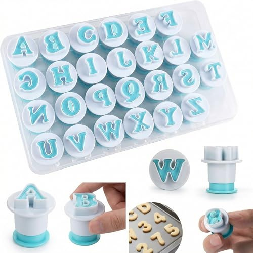 26Pcs Alphabet Cookie Cutters Set, Plastic Letter Fondant Embosser Stamps Icing Cake Decorating Mold for Wedding Birthday Christmas Party Baking