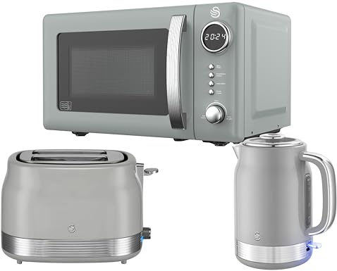 Swan Retro Revive Grey Kitchen Appliance Bundle – 1.7L Rapid Boil Kettle, 2 Slice Toaster & 800W 20L Digital Microwave, Retro Gloss Finish with Chrome Accents