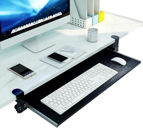 JuanNest Adjustable Under-Desk Keyboard Tray, Retractable Wooden Platform with C-Clamp, Ideal for Ping and Mouse Use, Furniture Accessories Office Produc,Drawer Tray Wood Holder under Desk B,75×30cm