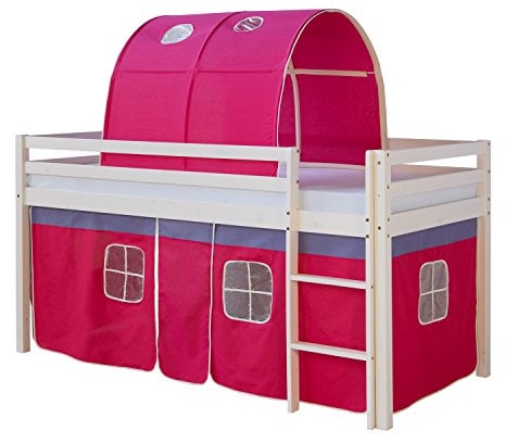 Homestyle4u Kinderbett 90x200 Weiß Pink Hochbett mit Treppe Tunnel Vorhang Bettgestell Holz Kinderzimmer