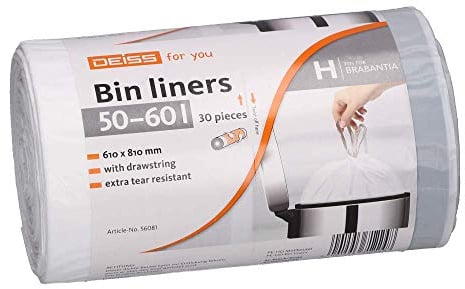 DEISS 50-60 Litre Bin Liners for Brabantia Touch Bin (Size H), Pack of 30.
