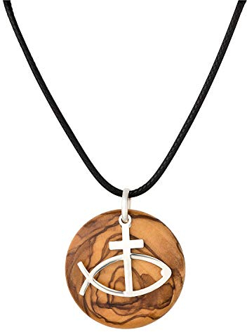 MaMeMi Magnifique collier avec motif chrétien en argent sterling 925 devant pendentif en bois d'olivier Ø 3 cm Cadeau de confirmation/confirmation/communion, Argent sterling
