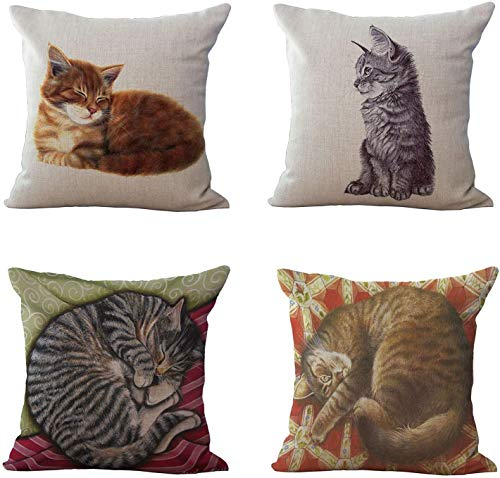 Hengjiang 4 Stück Kissenbezug mit Katzenmotiv, weich, Baumwolle, quadratisch, dekorativ, Wohnaccessoires
