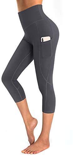 OUGES Damen Sport Leggings 3/4 High Waist Capri Leggins Yogahose Blickdichte Sporthose mit Taschen (Dunkelgrau-20inch,L)