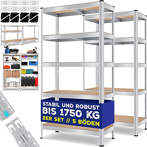 MASKO® Set di 2 Scaffali di Magazzino Scaffali per Servizio Pesante, 2x 180x90x40cm 5 ripiani, Scaffali per Cantine, Pannelli MDF, Scaffali in Metallo, Scaffali Senza Bulloni, Argento - 875kg