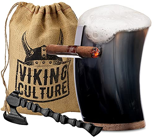 Viking Culture Horn Mead Cup - Nordic Inspired Drinking Vessel | Handmade Goblet for Wine Beer Ale - Safe and Unique Drink Tumbler Gift with Axe Bottle Opener, Cigar Holder and Burlap Bag