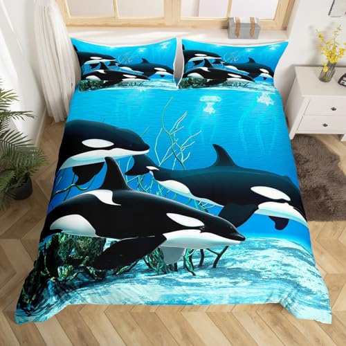 Killerwal Bettwäsche-Sets Orcinus Orcas Trösterbezug Die Unterwasserwelt Quallen Bettbezug-Set für Kinder, Jungen, Mädchen, Tiefseetiere, Meerestiere, Bettbezug, 2-teilig, Kinderzimmer-Dekoration,