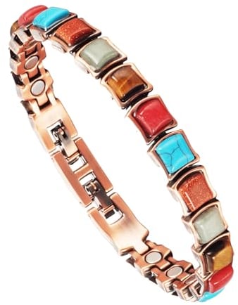 YINOX Bracelet en cuivre pour femme, bracelet magnétique en cuivre pur avec 20 aimants et pierres turques colorées