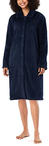 Schiesser Damen kuschelig und warm mit Knöpfen-Teddy Fleece Bademantel, dunkelblau_178417, XL
