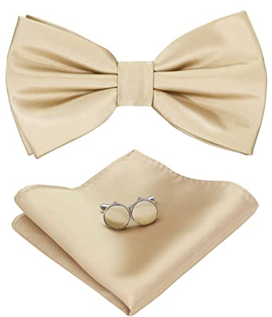 HOULIFE Fliege Herren Set - Verstellbare Fliege aus Satin Polyester Vorgebunden Fliege, einfarbige Einstecktuch, Manschettenknöpfe Set für Bräutigam Hochzeit formal mit Geschenkbox