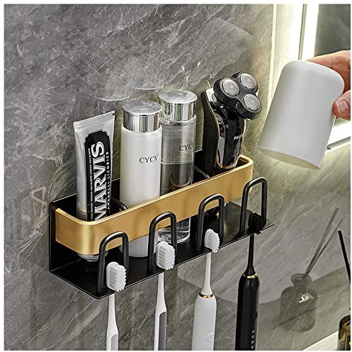 Toothbrush Holder Wall Mounted, No Drilling Electric Toothbrush Organiser Bathroom Toothpaste Storage Rack with 4 Brush Slots and Cups Holder (Black Gold)